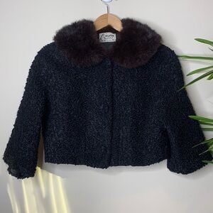 A Winter Product Vintage Black Curly Persian Lamb Fur Collar ‘60s Crop Jacket